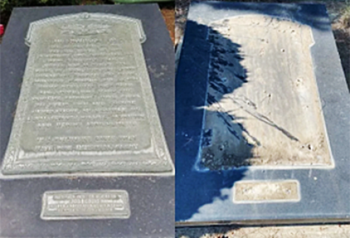 In January, thieves stole not only headstones and nameplates, but also a bronze monument at Lincoln Memorial Park Cemetery in Carson. Boxer Joe Louis paid for the monument in the late 1940s, honoring the soldiers of World War II.
Photo by Photo courtesy of the Los Angeles County Sheriff’s Department.
